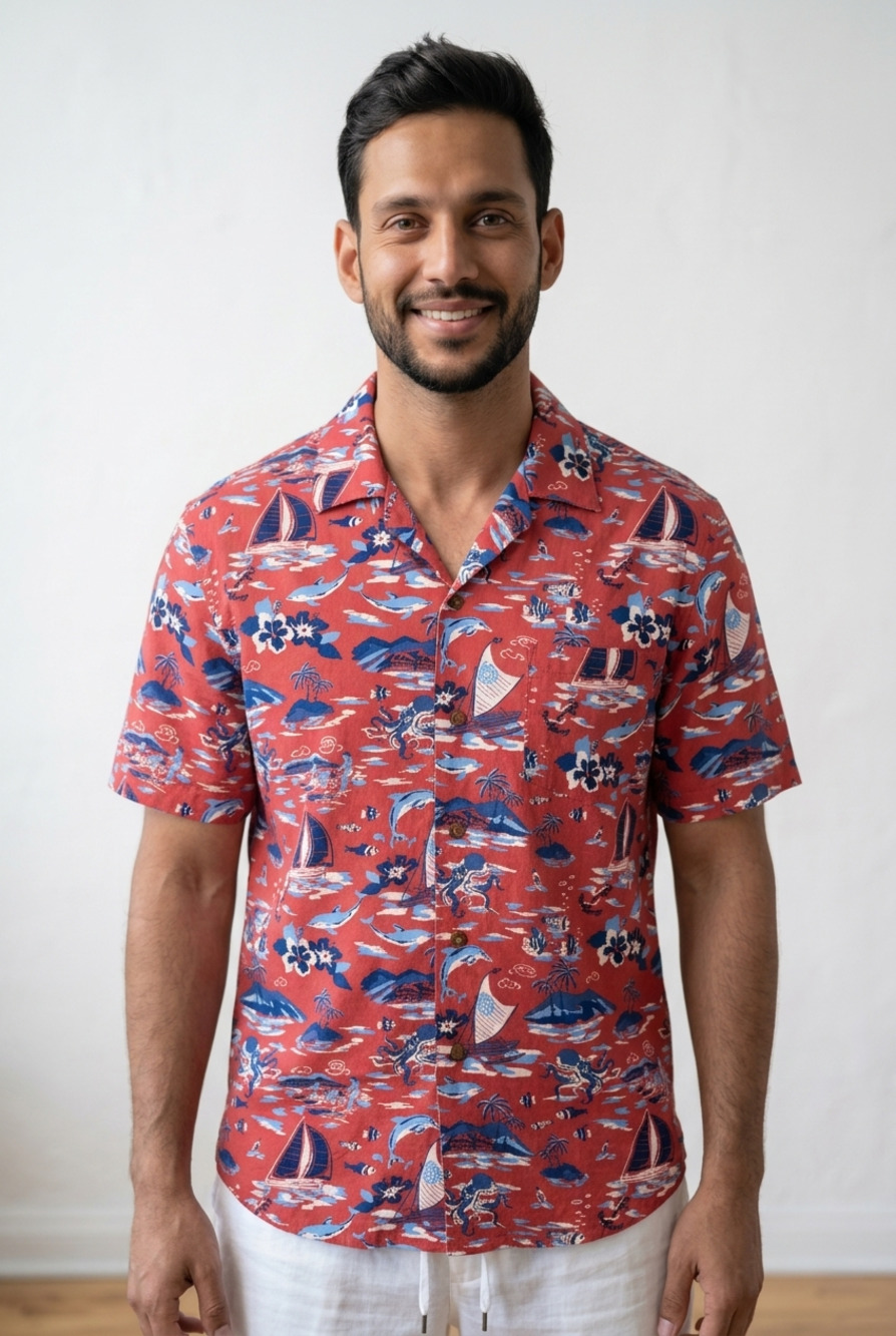 Crown & Ivy Men's Red Nautical Sailboat Dolphin Print Short Sleeve Classic Fit